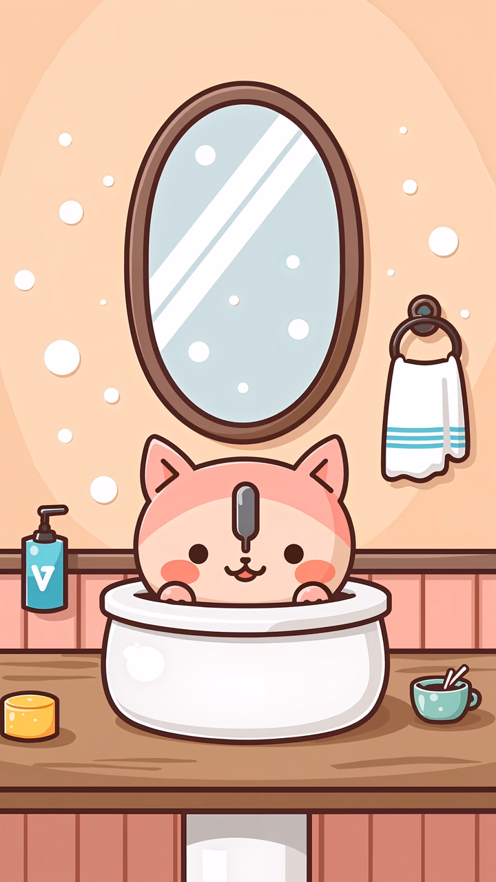 A cute pink cat taking a bath in a cozy bathroom setting.