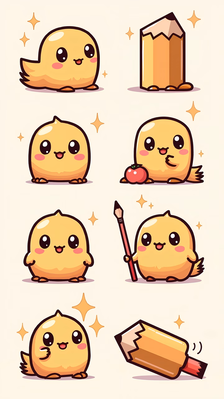 Cute chicks in playful poses with sparkles, children's art illustration