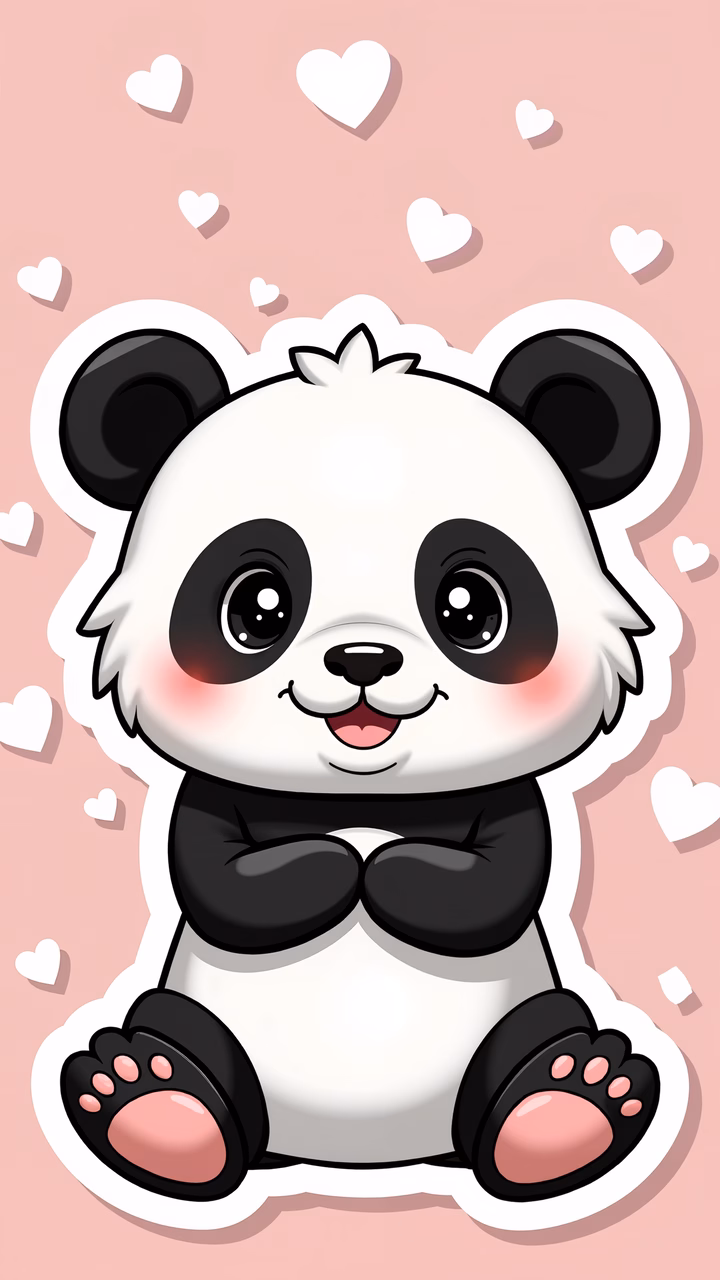 A sweet panda illustration with rosy cheeks and heart accents on a pink background.