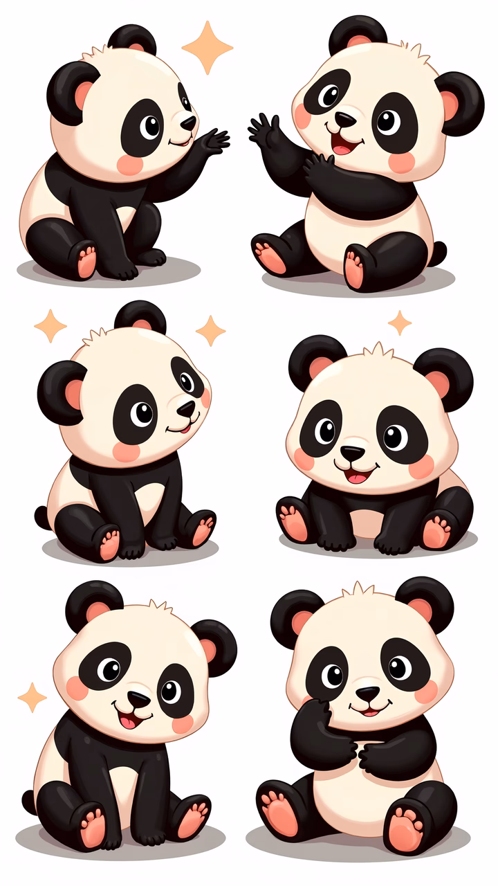 Cute pandas in playful poses, soft colors, children's art