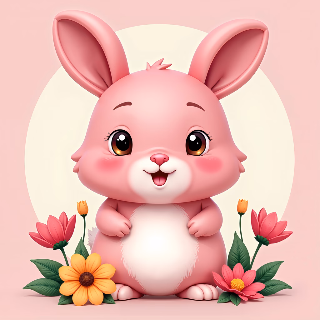 A delightful illustration of a pink bunny amidst colorful flowers, perfect for children’s art.