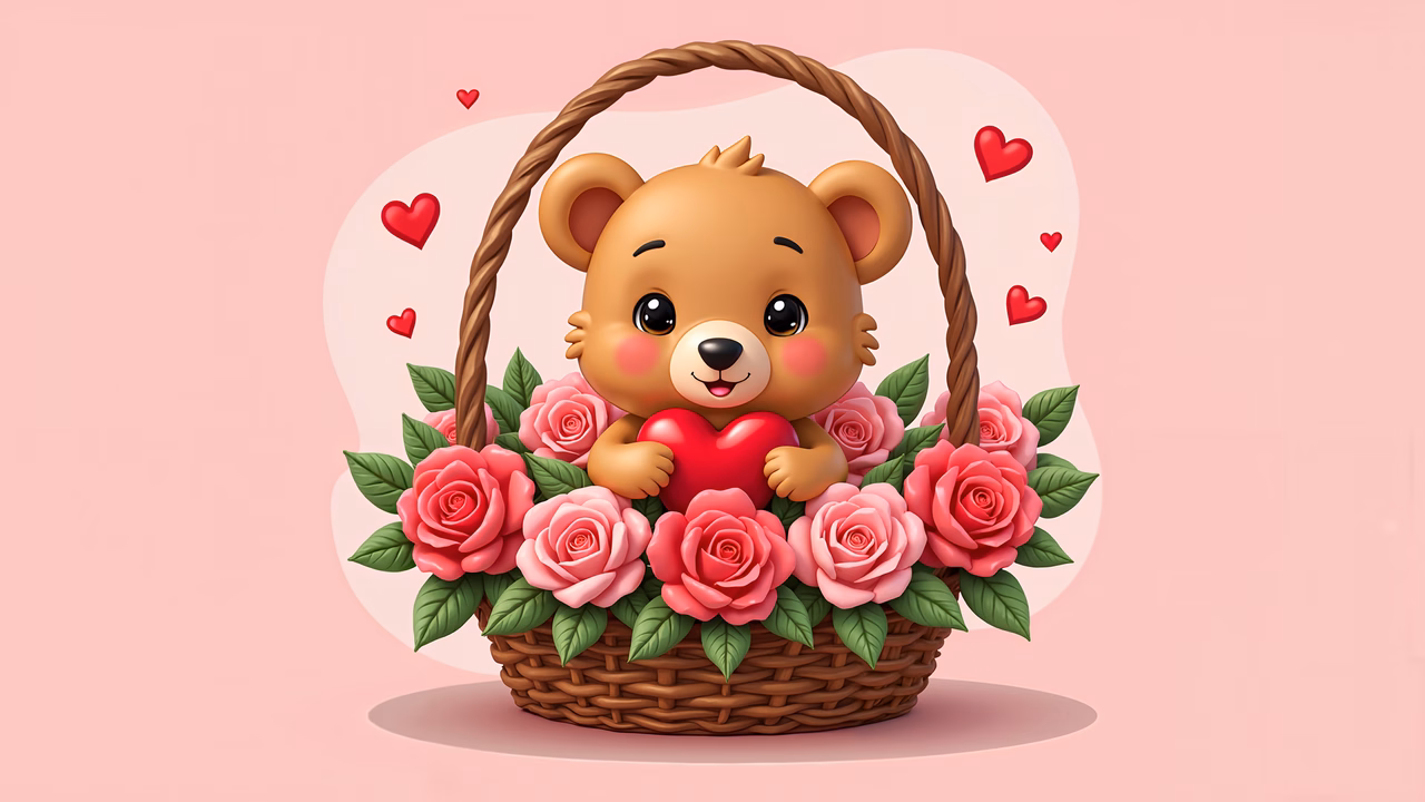 A cute teddy bear holding a heart surrounded by roses in a wicker basket on a soft pink background.