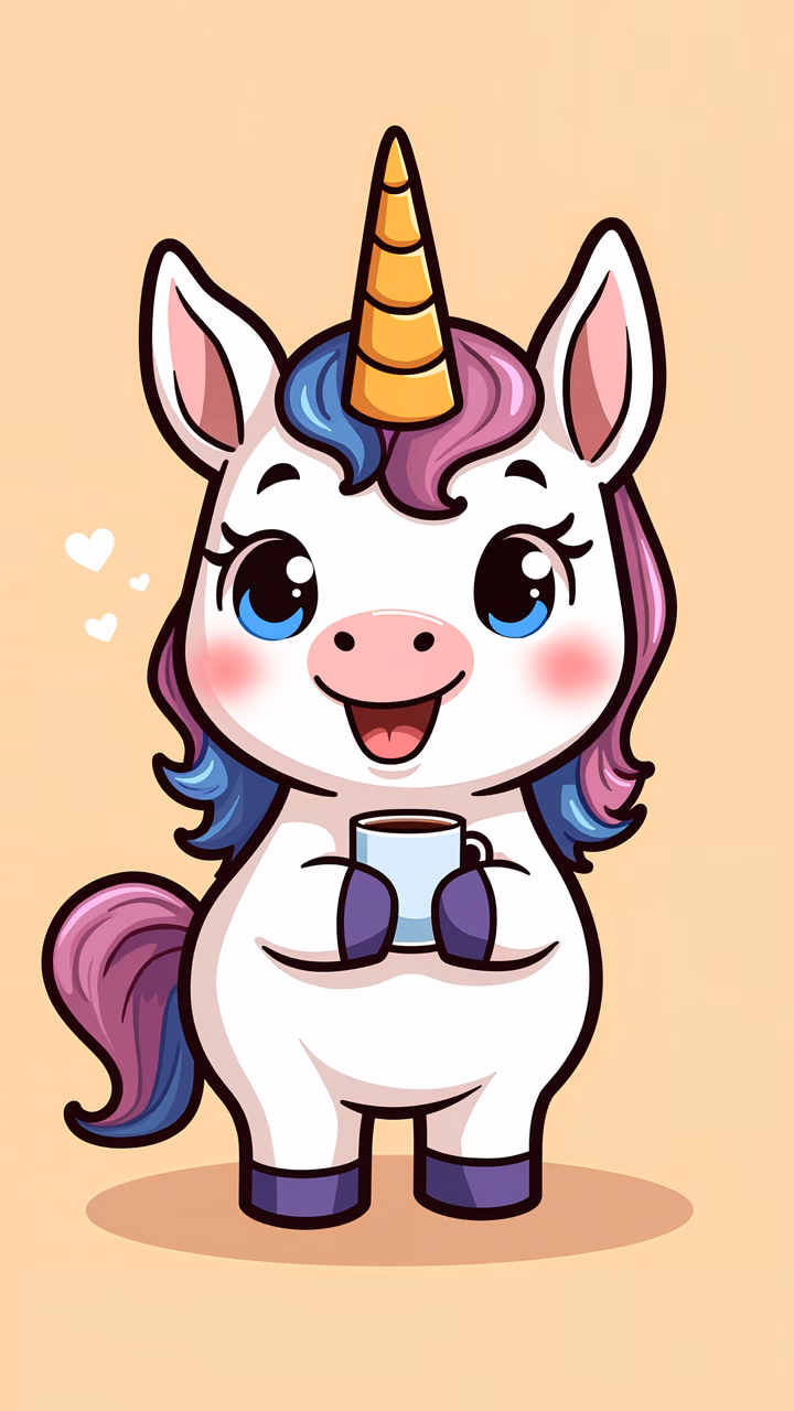 A delightful unicorn holding coffee, perfect for children's art collections.