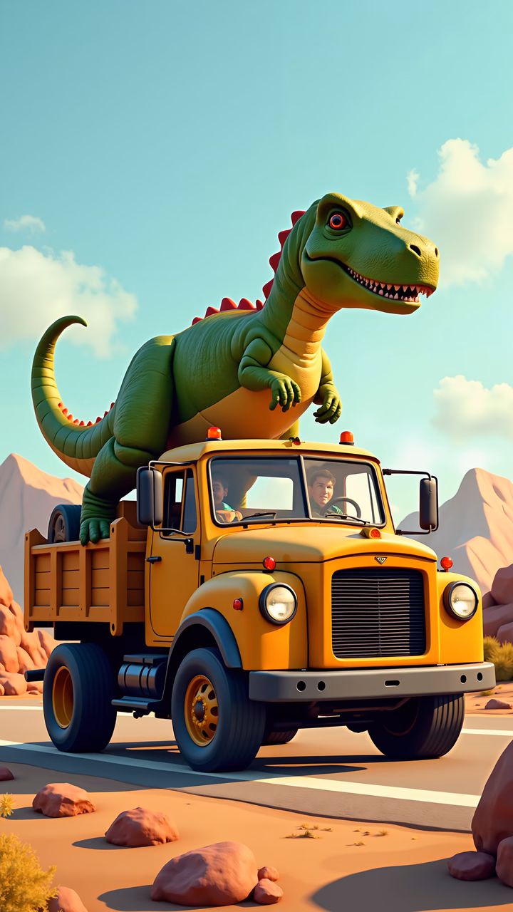 A dinosaur riding on a truck in a sunny desert setting.