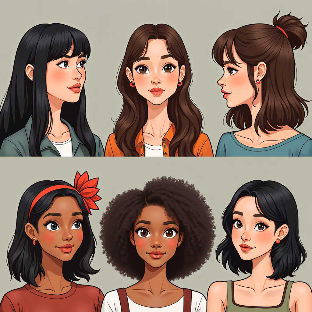 Six diverse women with unique hairstyles and expressions in a vibrant illustration.