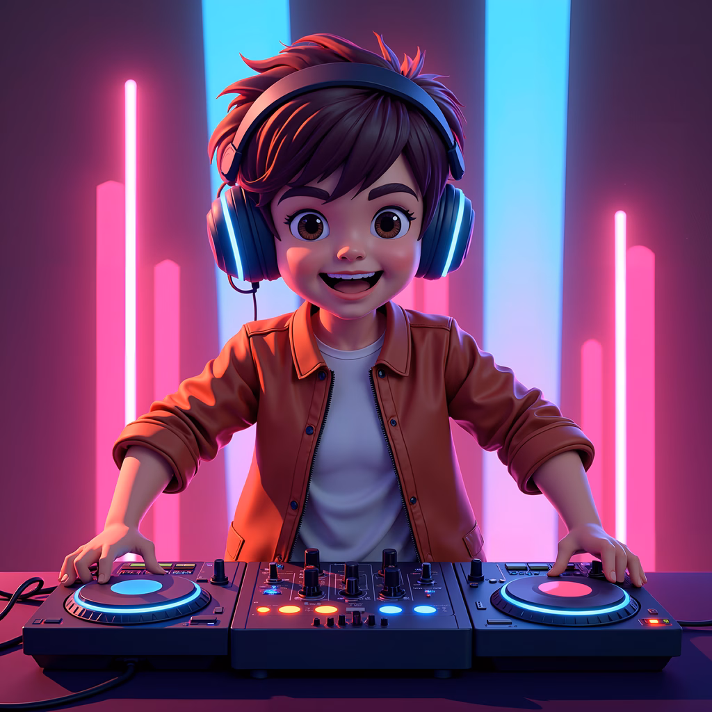 A cheerful DJ kid in a neon-lit club setting, ready to spin music.