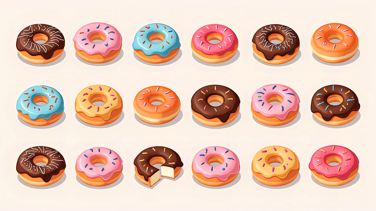 A delightful array of colorful donuts with various glazes and sprinkles on a soft pastel background.