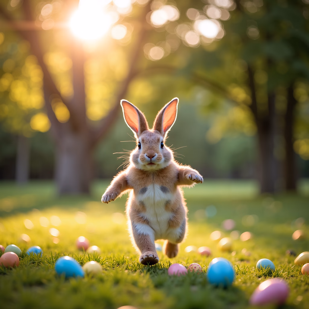 A joyful Easter bunny running amidst colorful eggs on a sunny day.