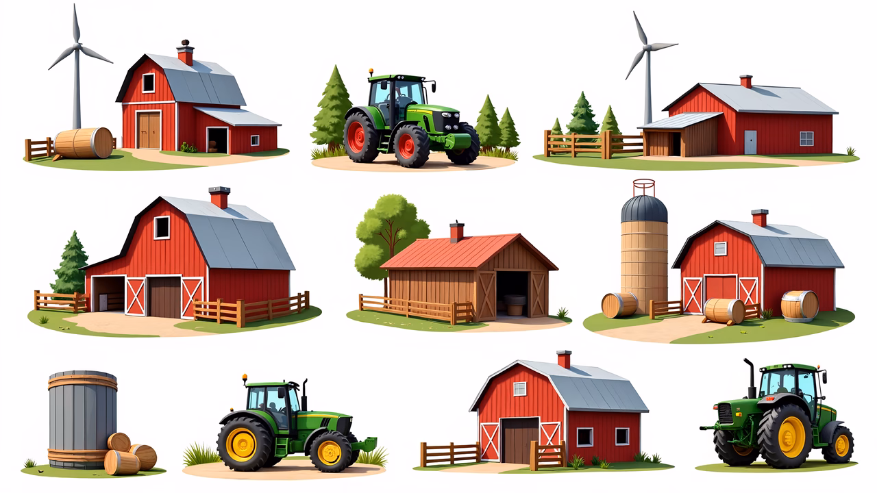 Brightly colored farm life illustration featuring red barns and green tractors.