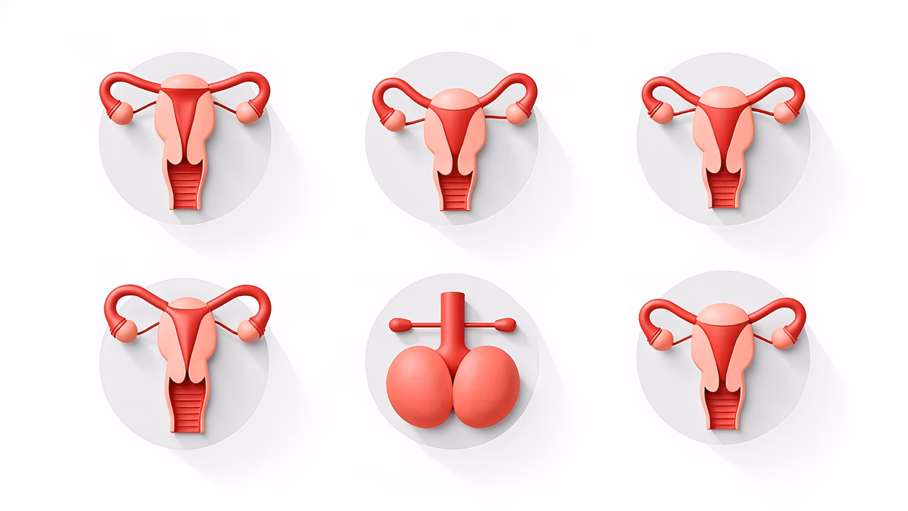 Medical illustration of female reproductive organs in a clean, red color scheme.