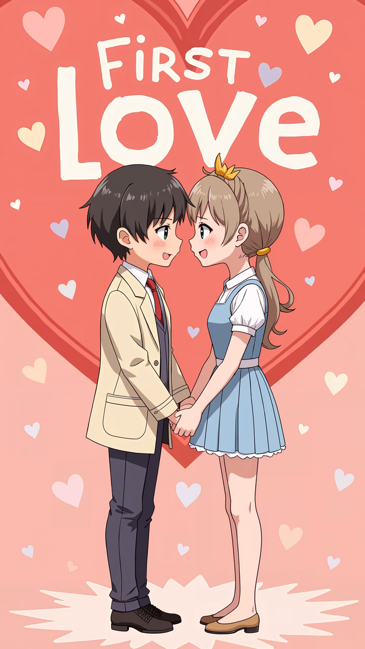 A heartwarming illustration of first love featuring two young individuals holding hands against a backdrop of pink hearts and soft colors.