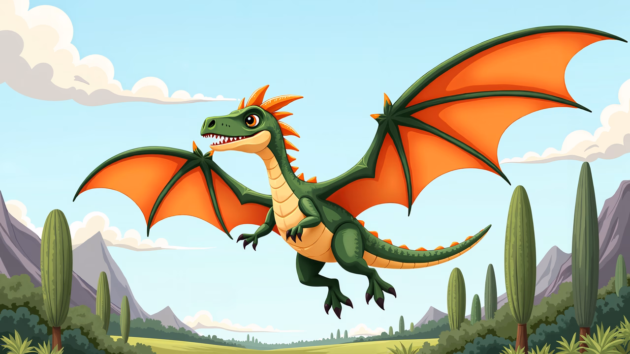 A colorful flying dragon in a fantastical landscape.