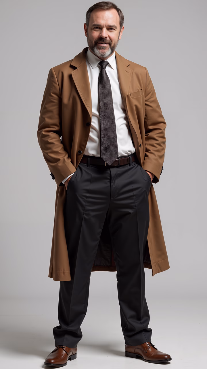 Confidently dressed gentleman in a beige trench coat and black trousers against a neutral backdrop.