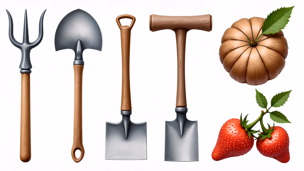 Illustrated garden tools and harvest symbols, emphasizing productivity and abundance.