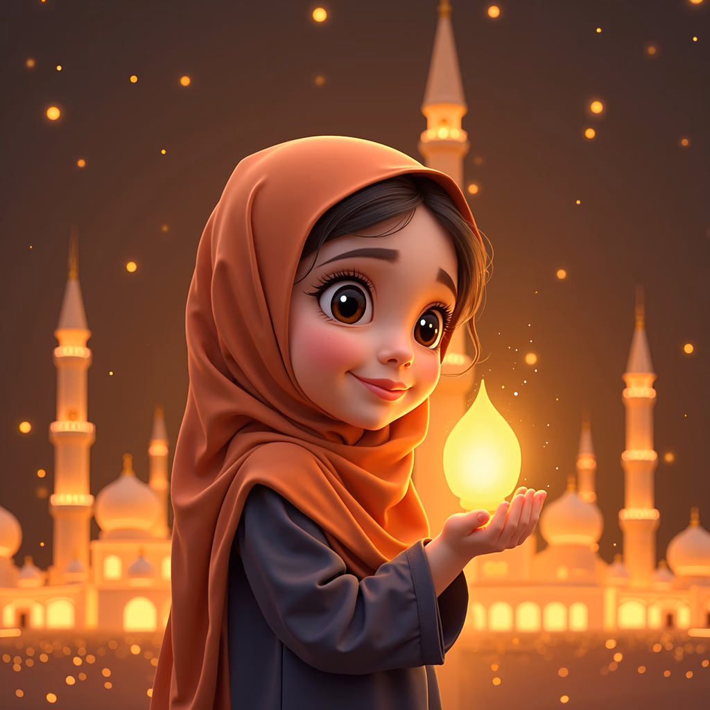 A girl in hijab holding a glowing lantern against a night sky with minarets, evoking a sense of magic and peace.