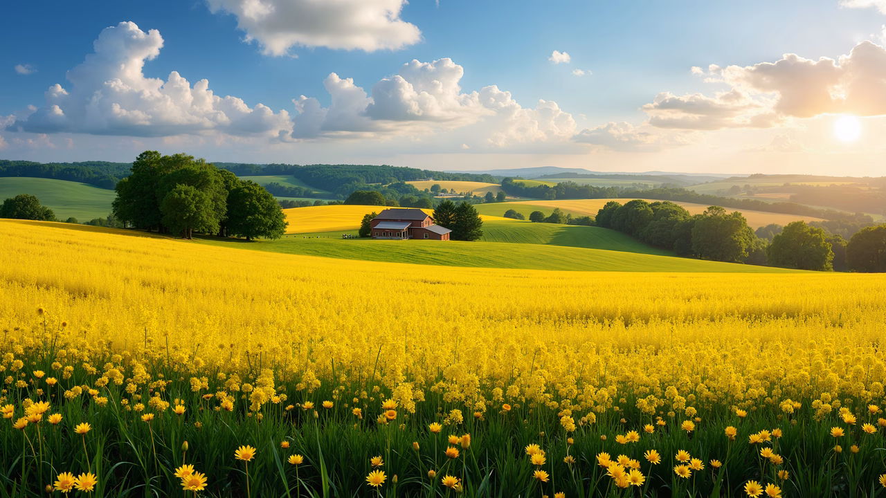 Vibrant golden fields under a sunny sky, featuring a red barn and rolling green hills.