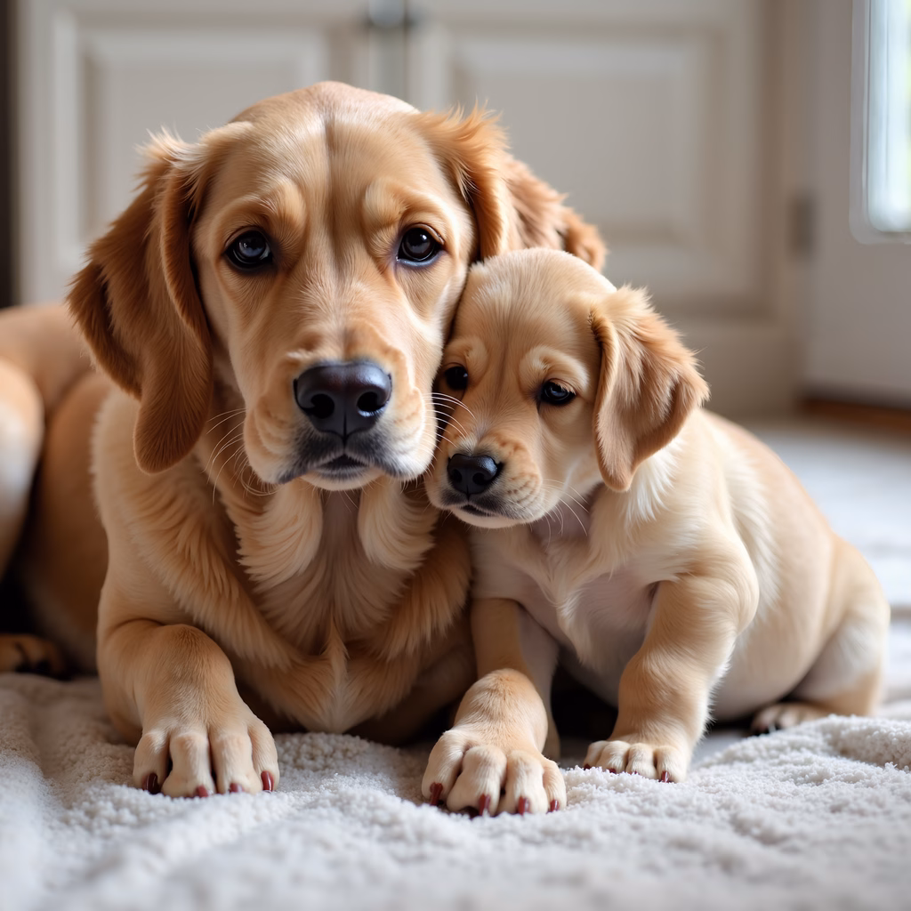 Two golden retriever puppies resting together on a white carpet, exuding warmth and comfort.