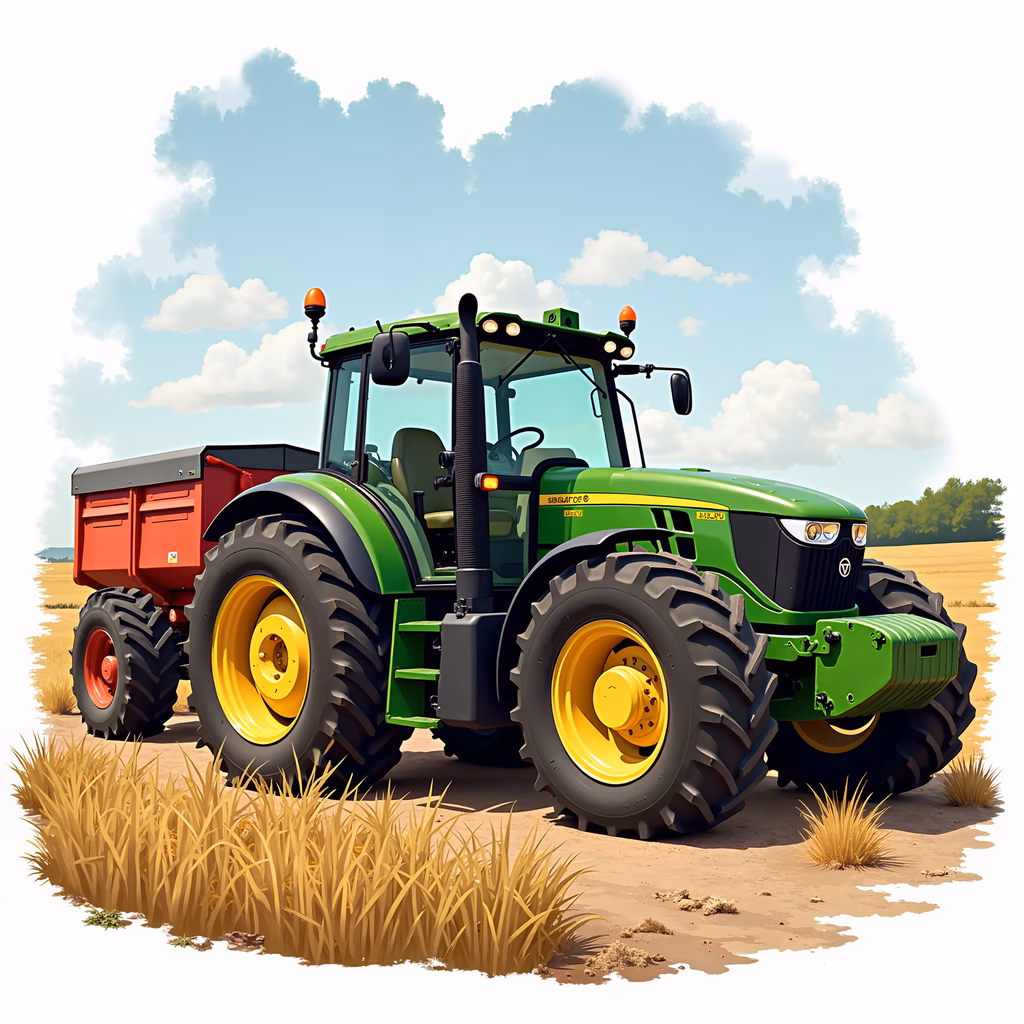 A detailed illustration of a green tractor in a serene agricultural landscape.