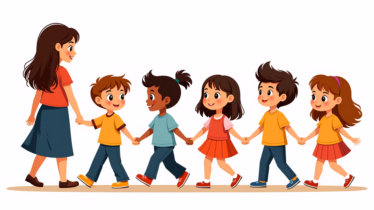 Brightly colored children holding hands, walking together in a joyful scene.