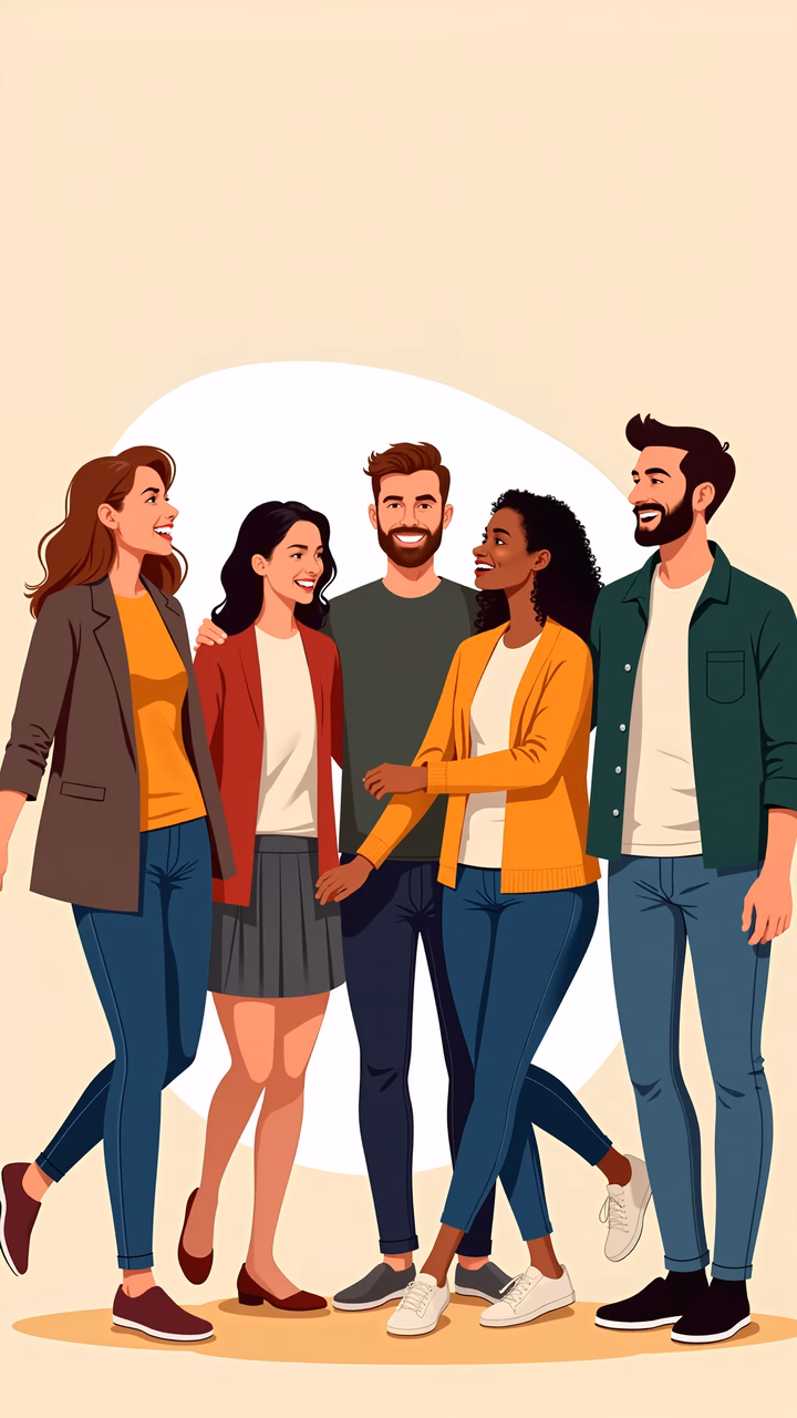 A cheerful illustration of a diverse group of friends standing together, radiating warmth and camaraderie.