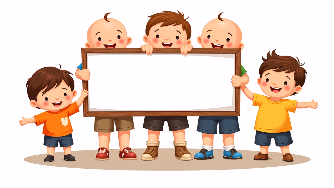 Four kids holding a blank sign, ready for your message!