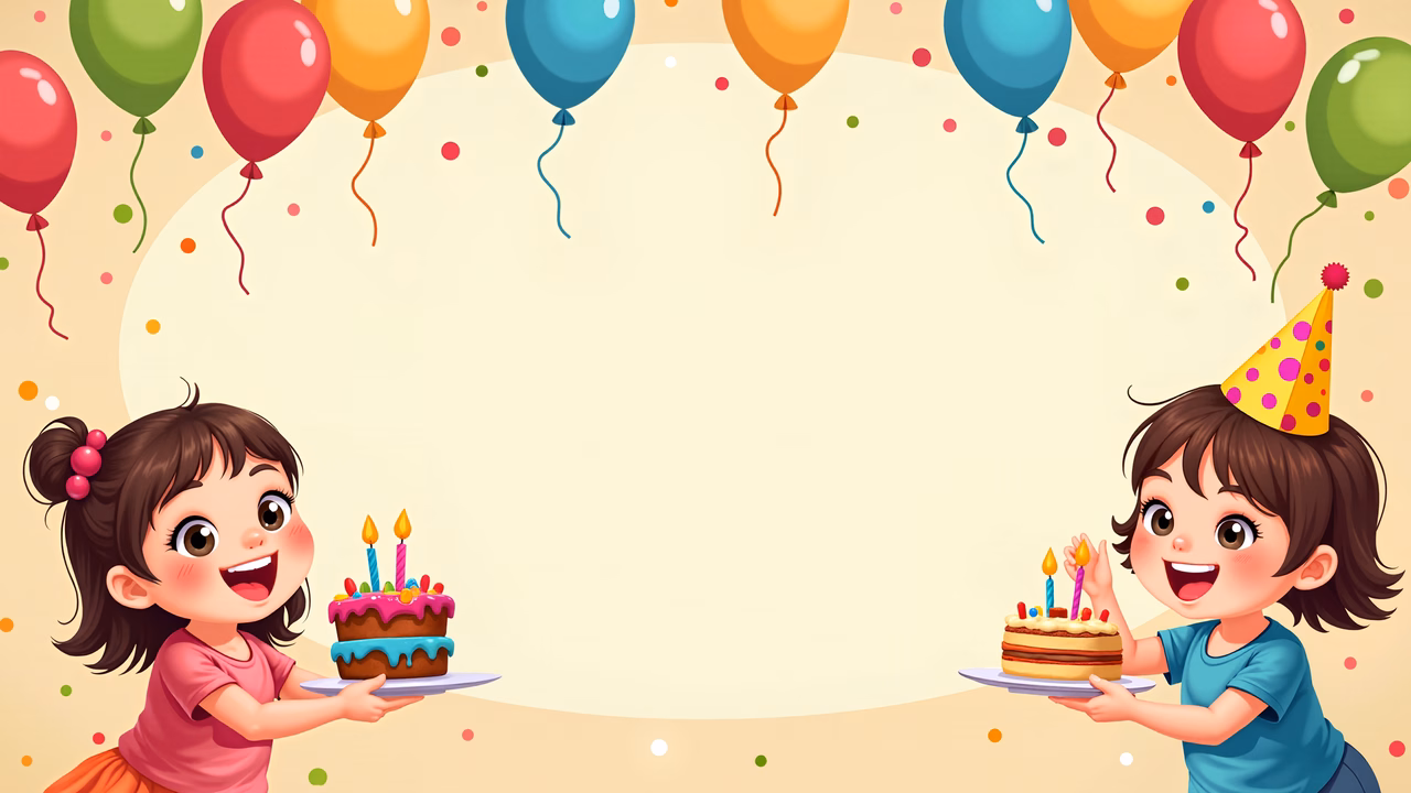 Children celebrating birthdays with colorful balloons and cakes.
