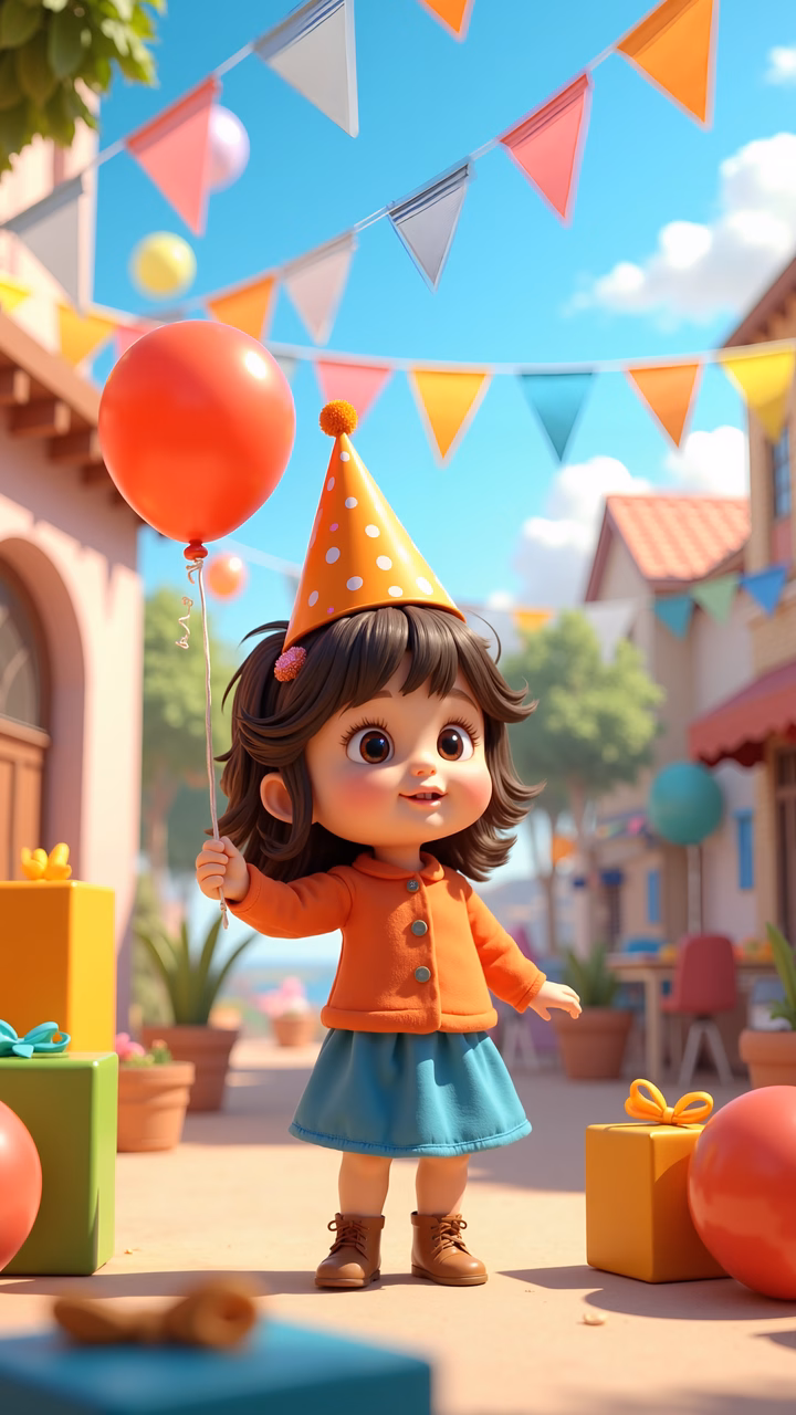 A joyful birthday celebration with a young girl and colorful decorations.