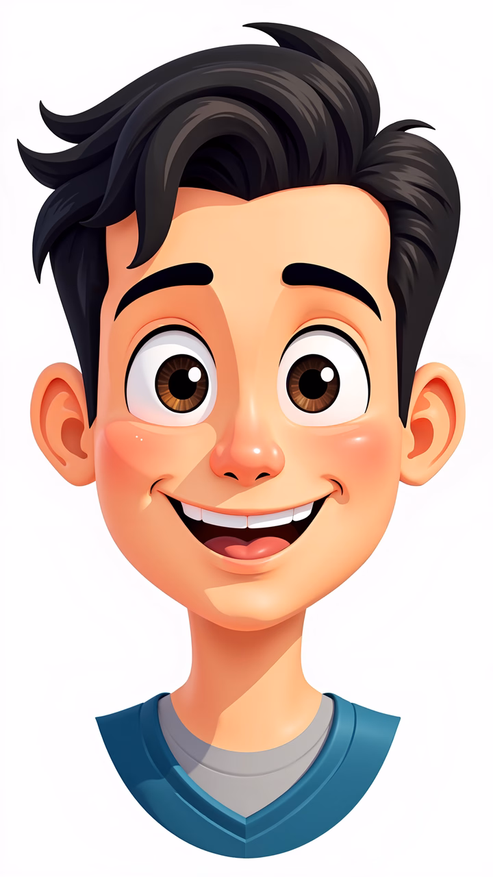 Brightly smiling cartoon boy with expressive eyes and casual attire.