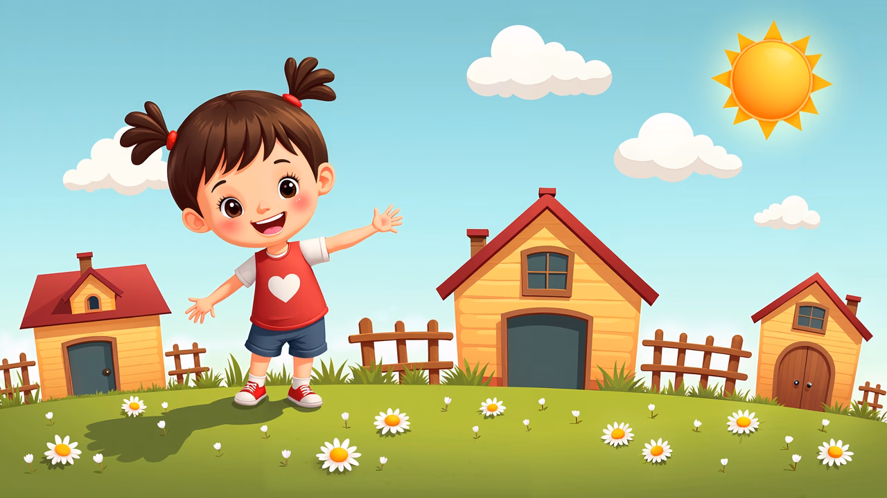 Brightly colored illustration of a happy child in a sunny, idyllic setting.