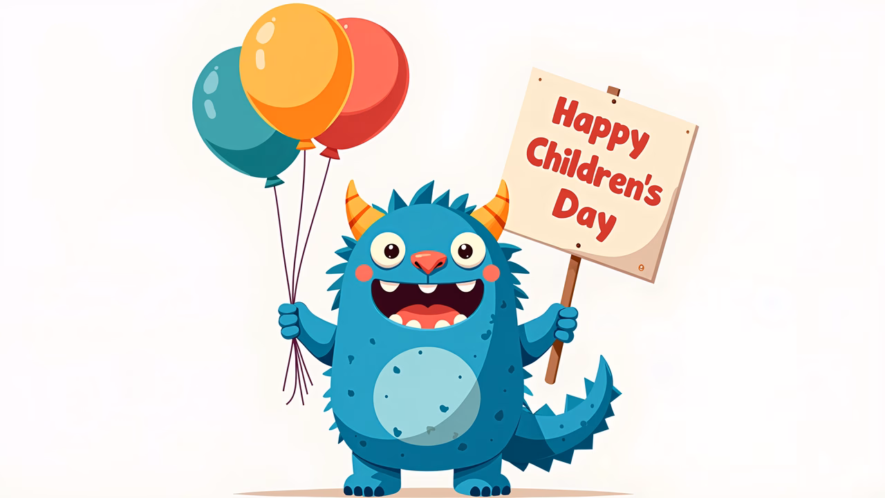 A cute blue monster celebrating Children's Day with balloons and a sign.