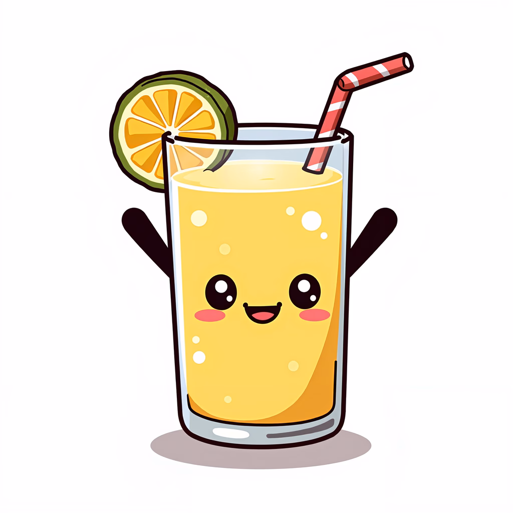 Whimsical anthropomorphic citrus drink character with vibrant colors and playful design.