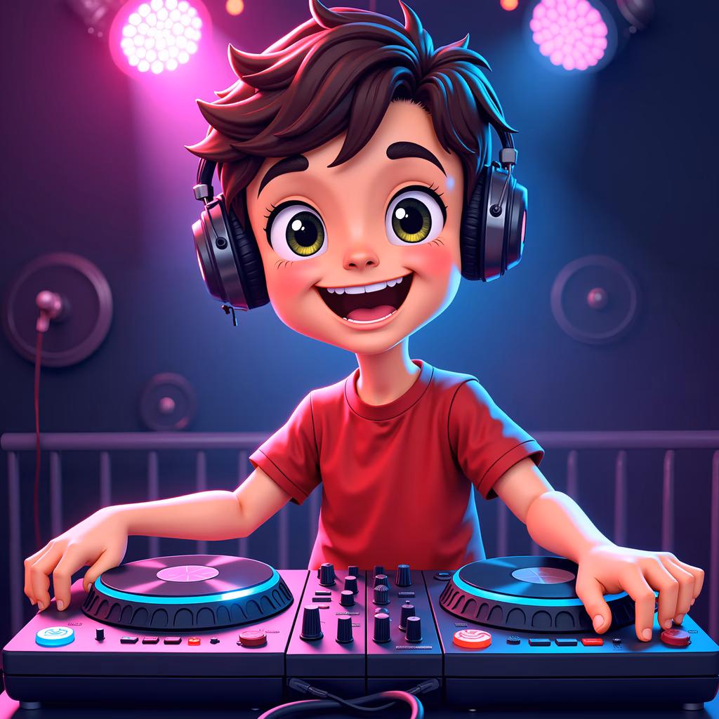 Vibrant illustration of a smiling DJ at a party, perfect for music-themed content.