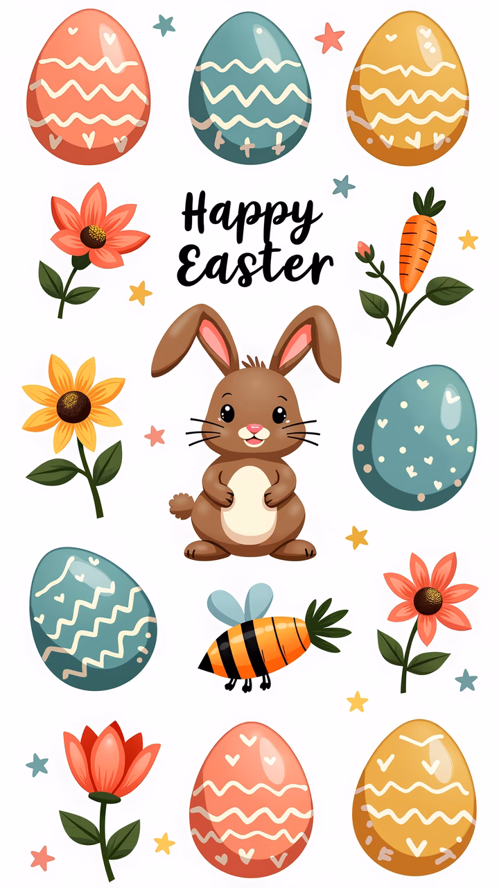A festive Easter illustration with a bunny, flowers, and decorated eggs.