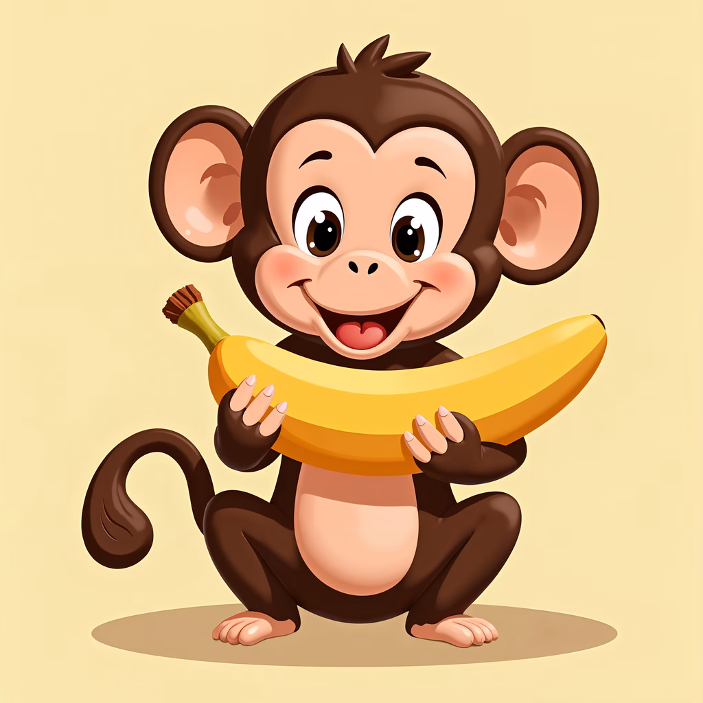 A happy cartoon monkey holding a banana, perfect for children's art.
