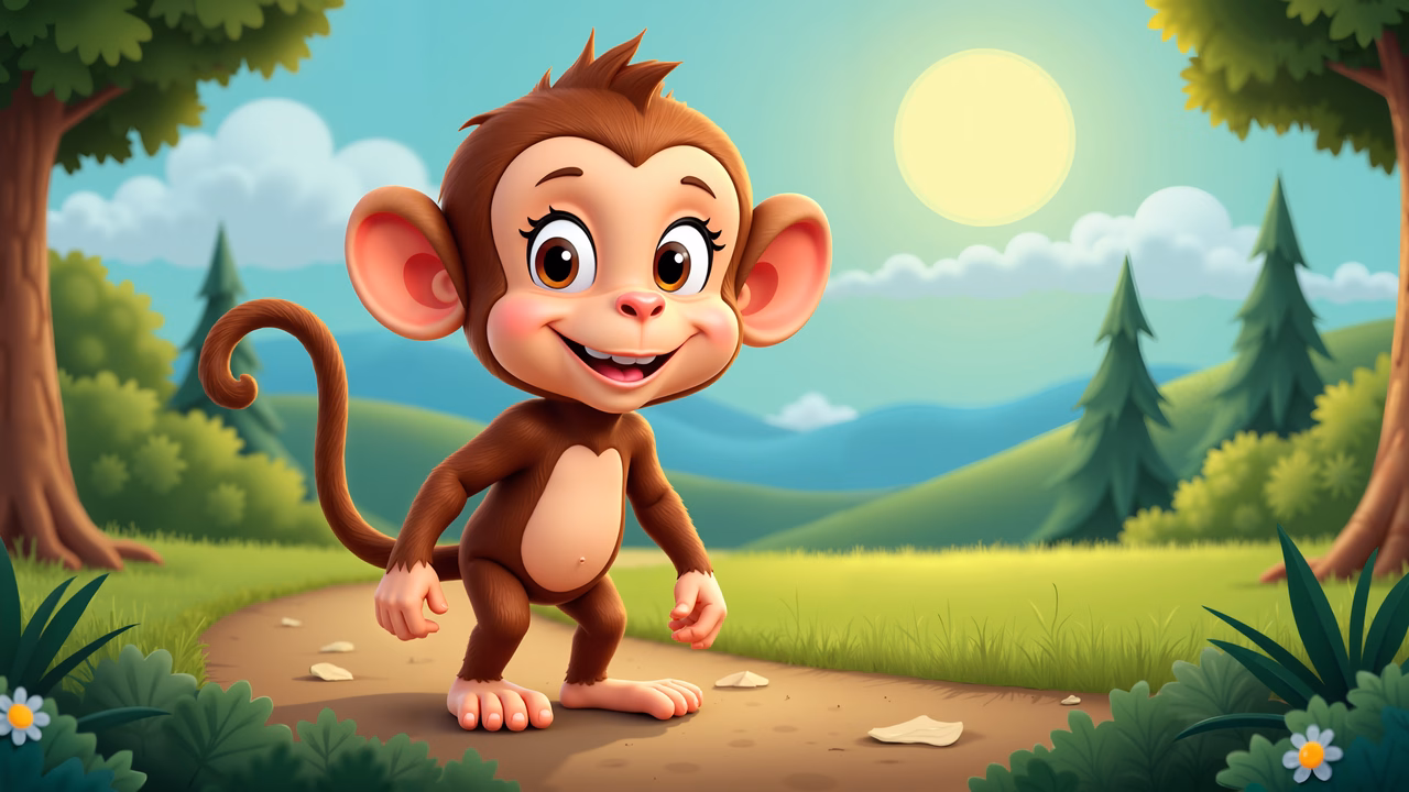 A happy, cartoonish monkey in a bright forest setting.