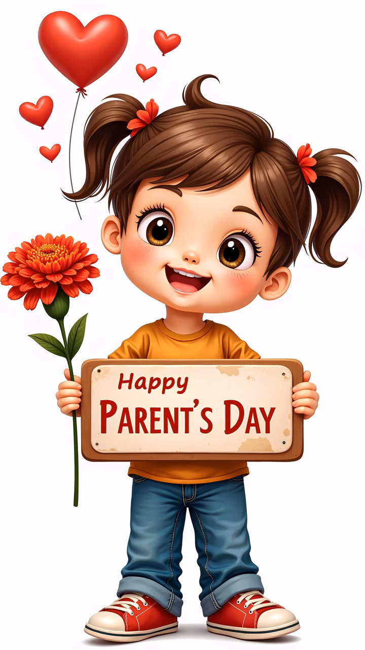 A heartwarming illustration celebrating Parent's Day with a child holding flowers and a sign.