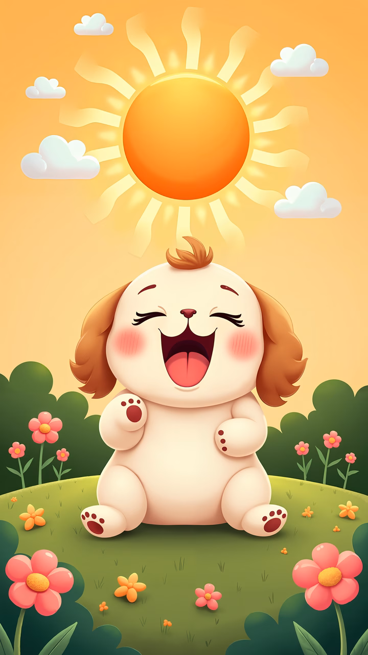 A joyful cartoon puppy under a sunny sky, surrounded by flowers.