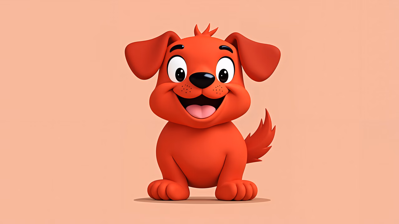 A cute red dog with big eyes and a big smile, sitting on a peach background.