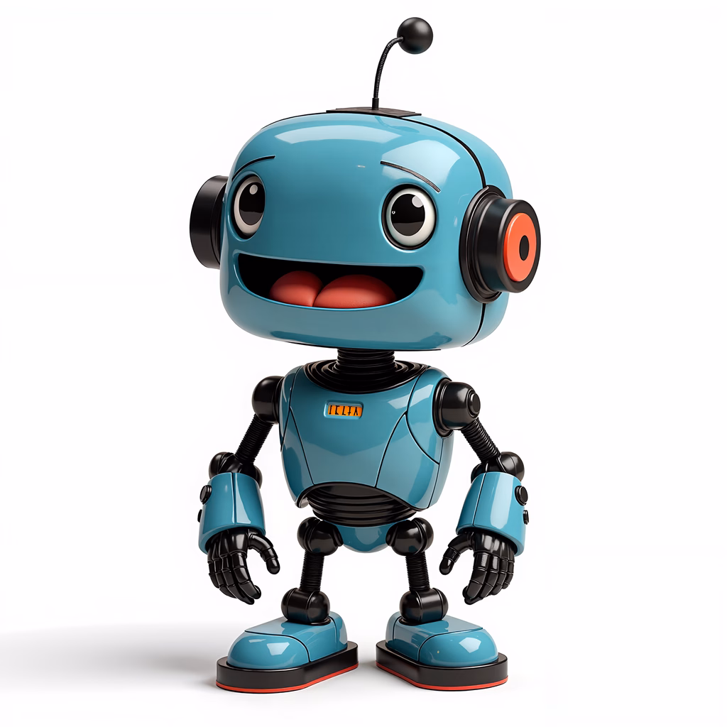 A cute, smiling robot with a glossy finish and playful design.