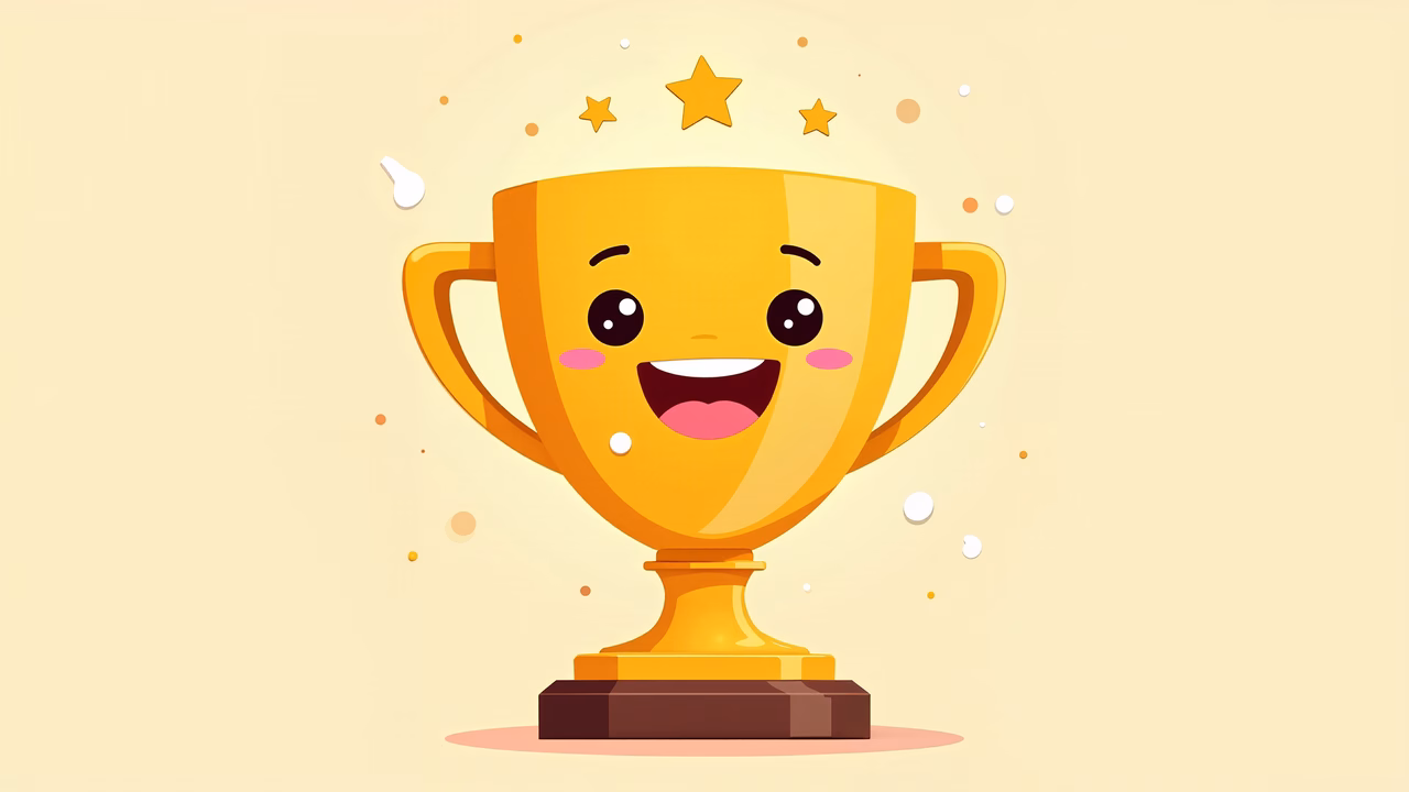A smiling golden trophy with stars, celebrating success.