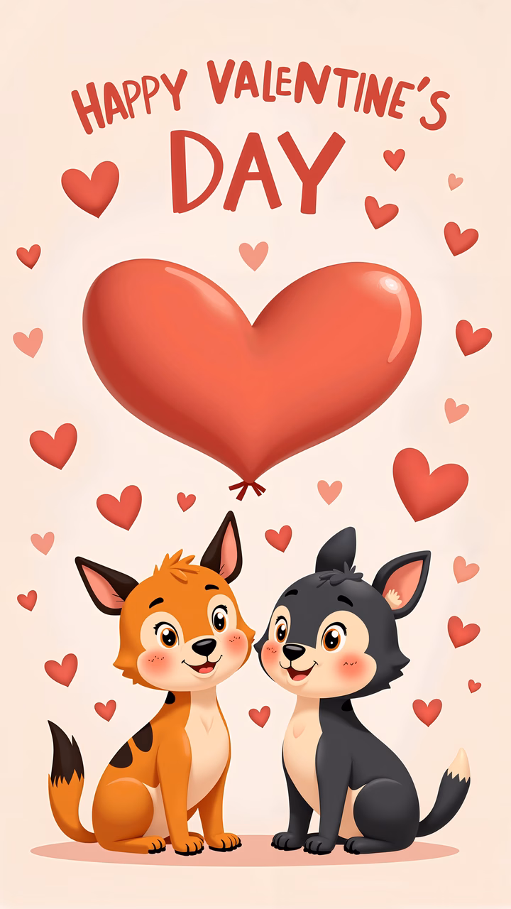 Two cute cartoon foxes share a Valentine’s Day moment with a heart balloon.