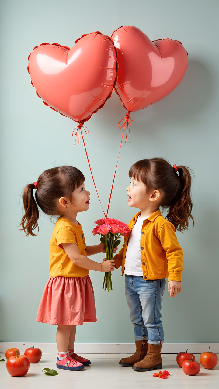 Two children share a joyful moment with heart balloons and flowers.