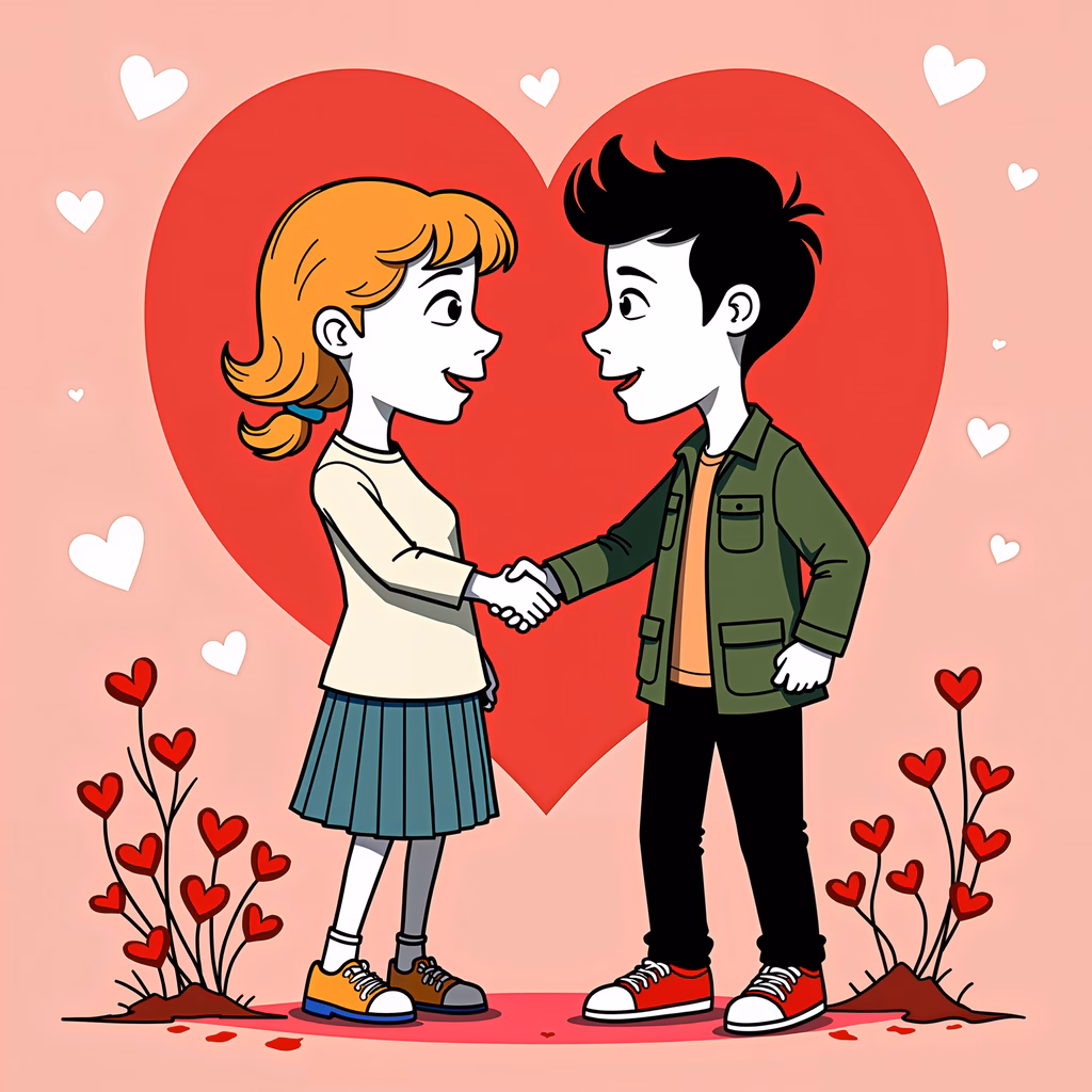 A heartwarming illustration of two people shaking hands amidst hearts, symbolizing love and connection.