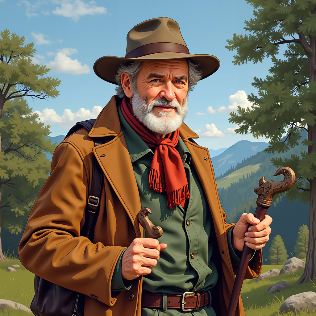 A hiker in a scenic forest setting, wearing earthy colors and holding a decorative walking stick.