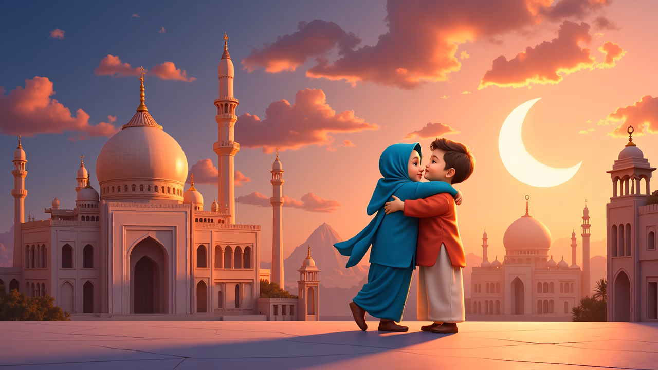 Romantic embrace in front of a mosque at sunset