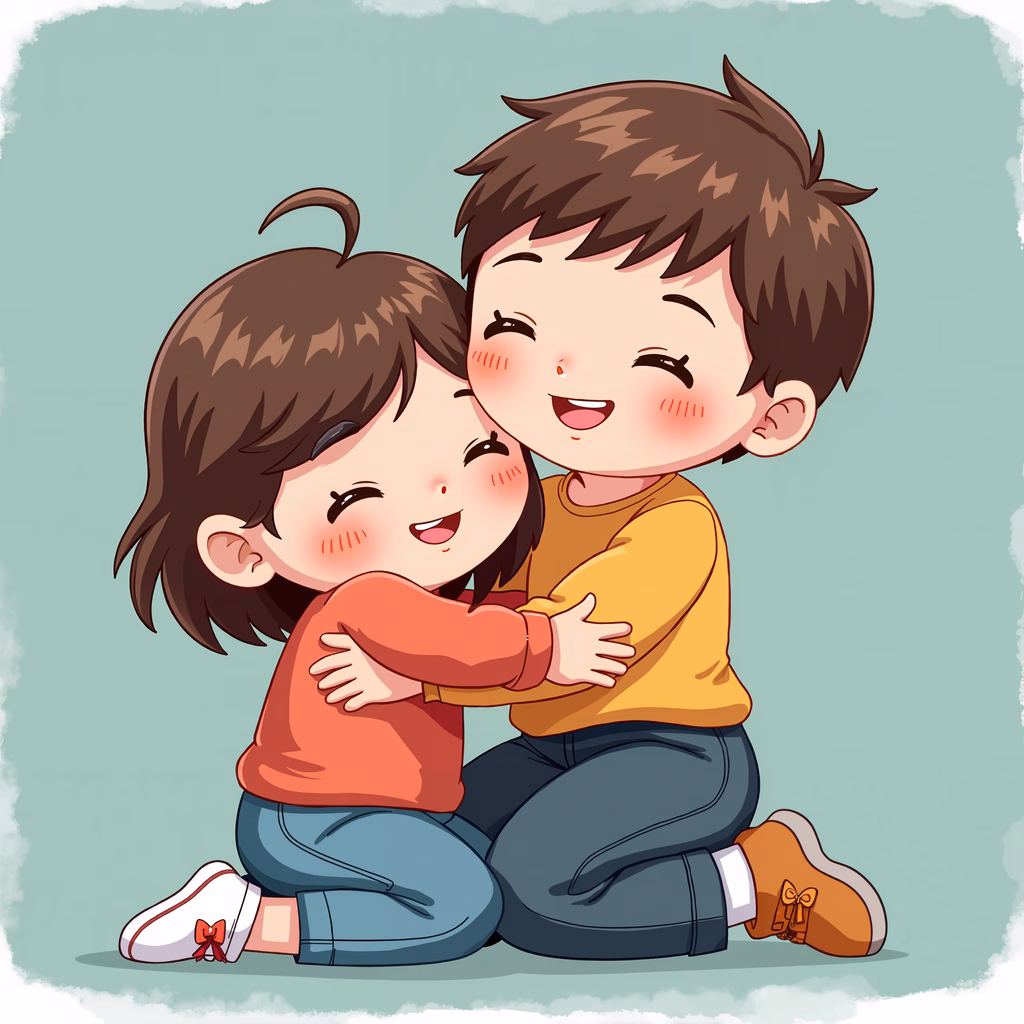Two happy children hugging each other in a tender moment.