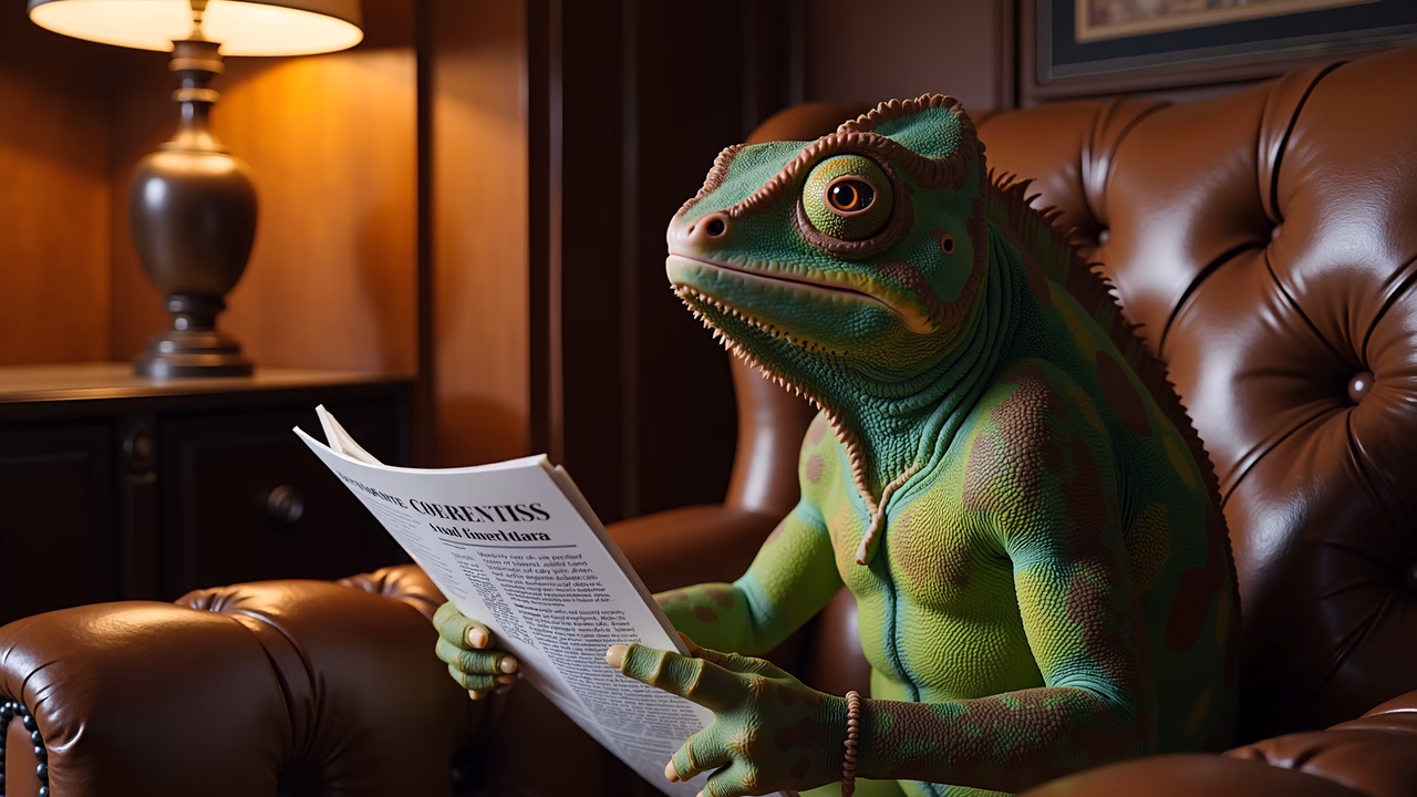 A curious iguana reads a newspaper in a cozy setting.