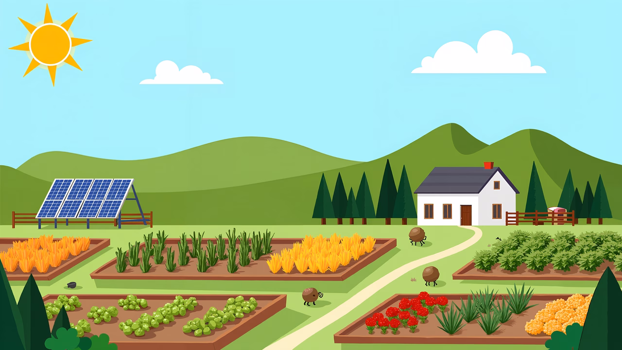 A tranquil garden scene with vibrant flowers, a solar panel, and a cozy house under a sunny sky.