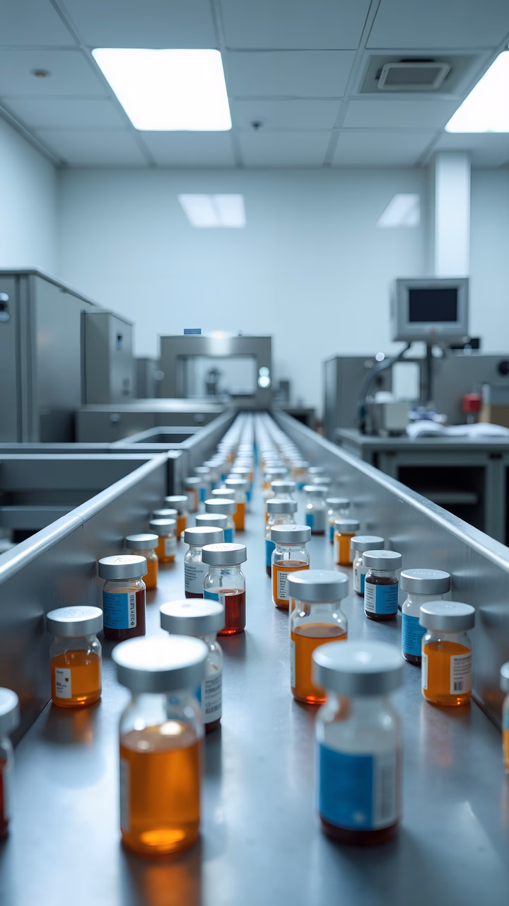 Rows of vials in a clean industrial lab setting.