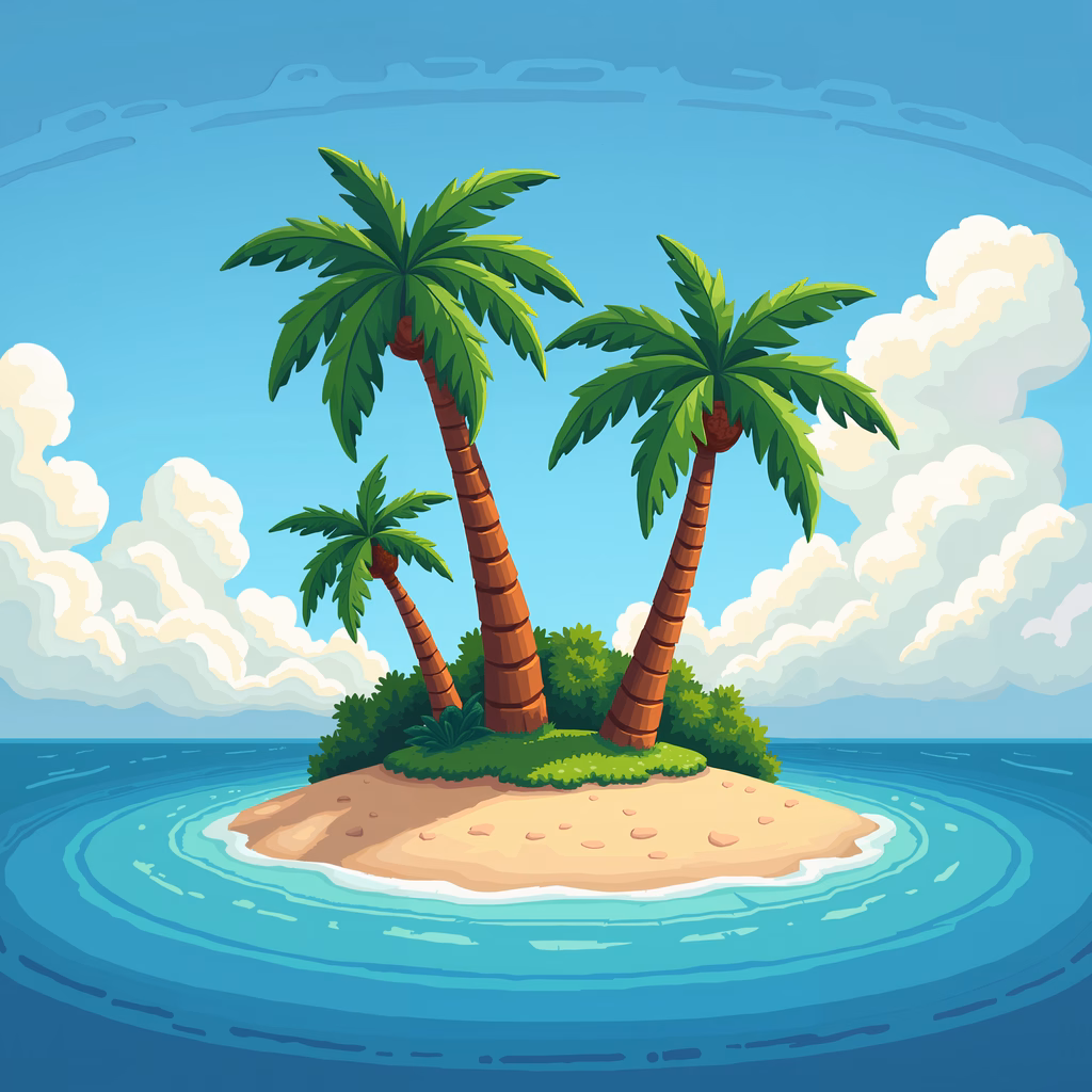 A picturesque tropical island with palm trees and crystal-clear waters.